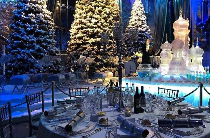 A room decorated with Christmas trees at Warner Bros Harry Potter studio in London.