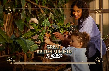 A woman and young child harvest tropical plants in a greenhouse, with text overlay reading “Great British Summer Savings.”