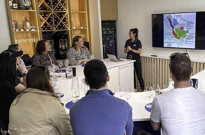 The expert is holding an oenology class for the workshop participants
