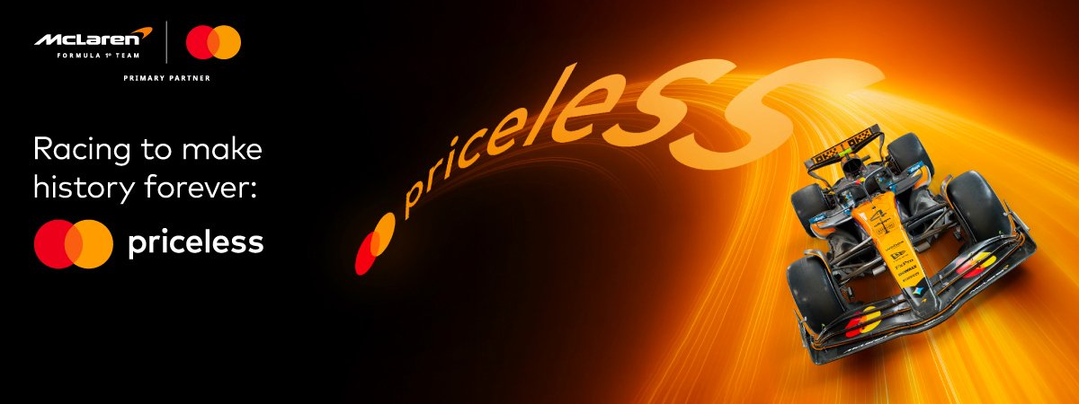 Poster for McLaren Spend Win Campaign with a racing car and Priceless logo stretched as a race line. 