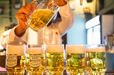 A bartender pours draft beer into several branded mugs lined up on the counter.