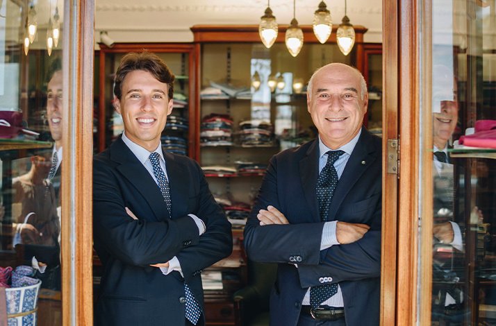 Maurizio Marinella with his son Alessandro in the historic shop Marinella in Naples.