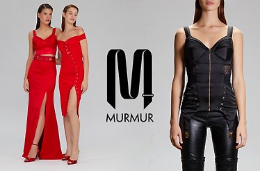 Three models in black and red outfit on two sides of MURMUR logo