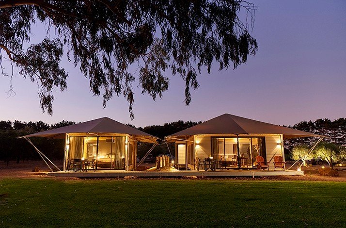 Olive farm bungalows in the twilight