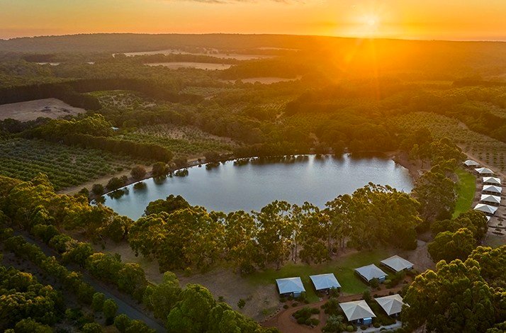 Margaret River region in the sunset, bird eye view