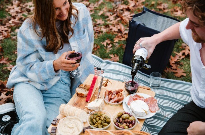The couple drinking red wine and eating delicious snacks on a picnic. 