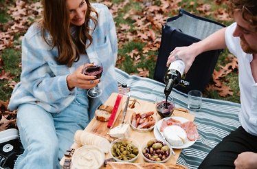 The couple drinking red wine and eating delicious snacks on a picnic. 