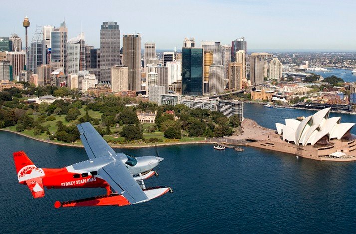 Sydney panorama with a plane on the foreground, bird eye view