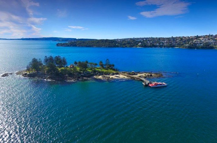 An island on a sunny day, bird eye view