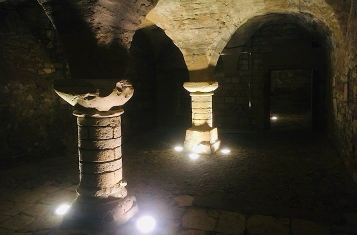 A close shot of the 12th-century medieval underground cellars and catacombs located beneath Prague's Old Town.