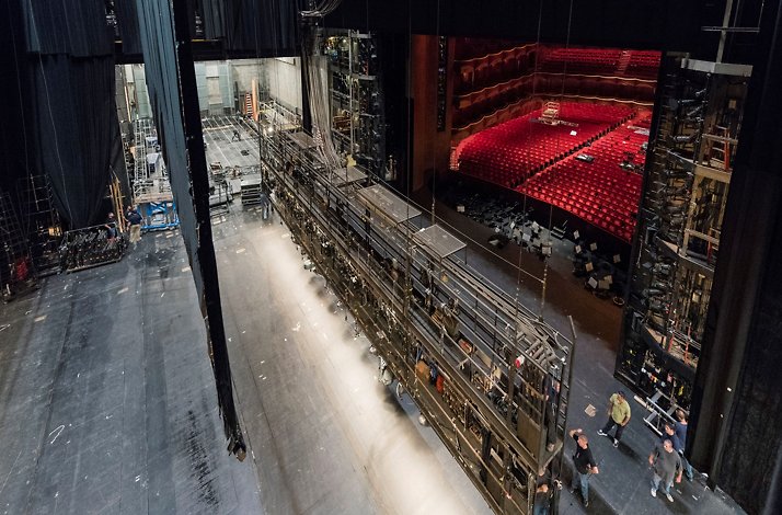 The shot from above of the empty stage with crew members setting up equipment at the Metropolian Operan of New York. © Jonathan Tichler