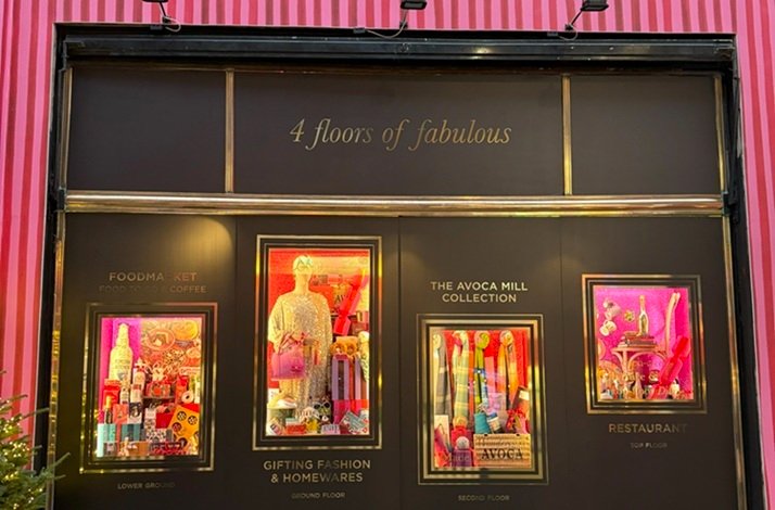 Avoca Suffolk Street store facade displaying '4 floors of fabulous' with festive Christmas window displays and floor directory.