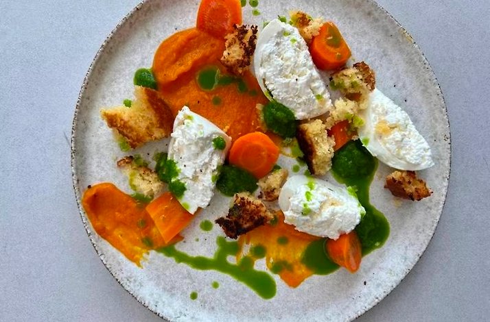 The close shot of a zero-waste carrot dish freshly prepared by award-winning Chef Kelvin Cheung from renowned restaurant Jun's