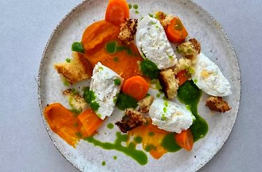 The close shot of a zero-waste carrot dish freshly prepared by award-winning Chef Kelvin Cheung from renowned restaurant Jun's