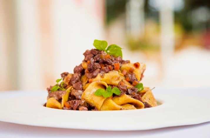 A close-up of Italian pasta with chopped meat on a plate decorated with greens.