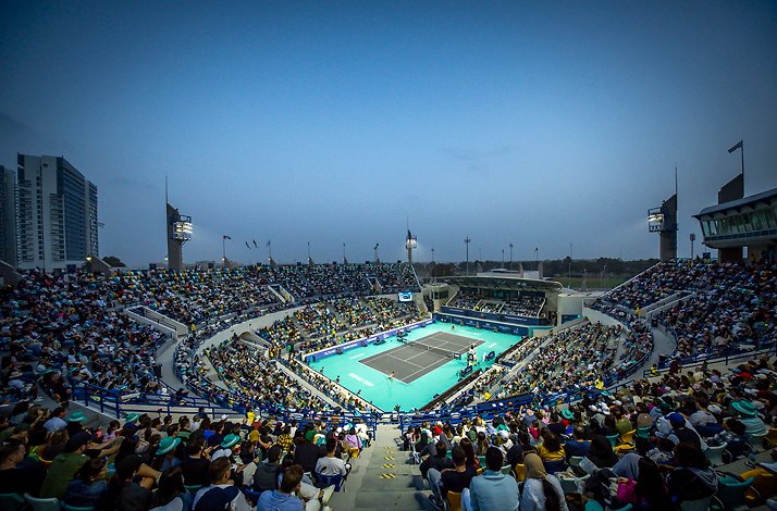 View of a full crowd during a Tennis game in International Tennis Centre, Zayed Sports City, Abu Dhabi.