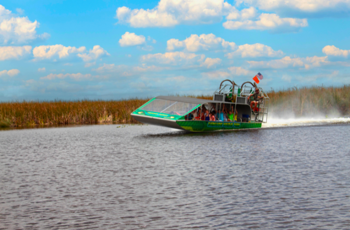 A group of people riding through Everglades on a boat.