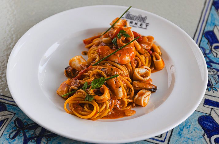 Spagetti with seafood served in Onda by Alici, one of  Dubai's most renowned restaurants