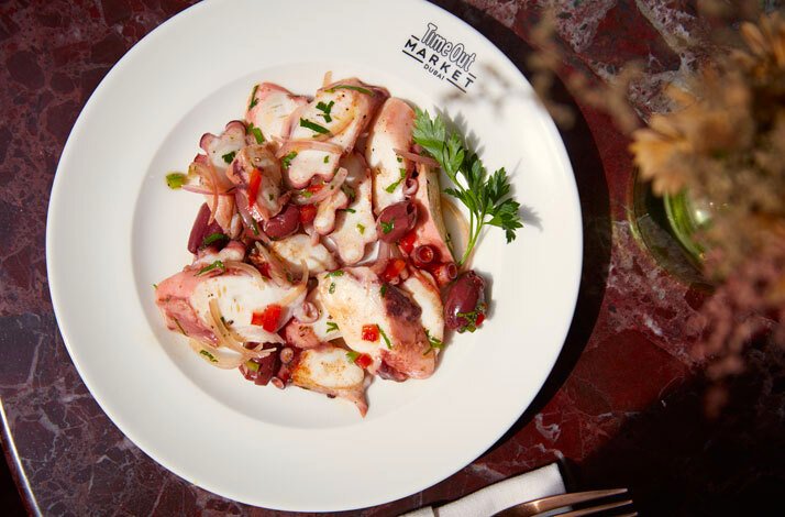 A octopus salad dish served in Time Out market Dubai