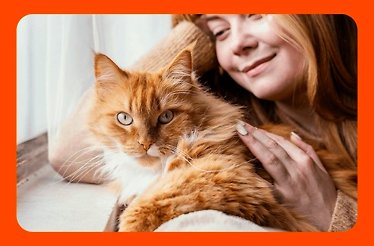 A girl petting a red cat near the windowsill