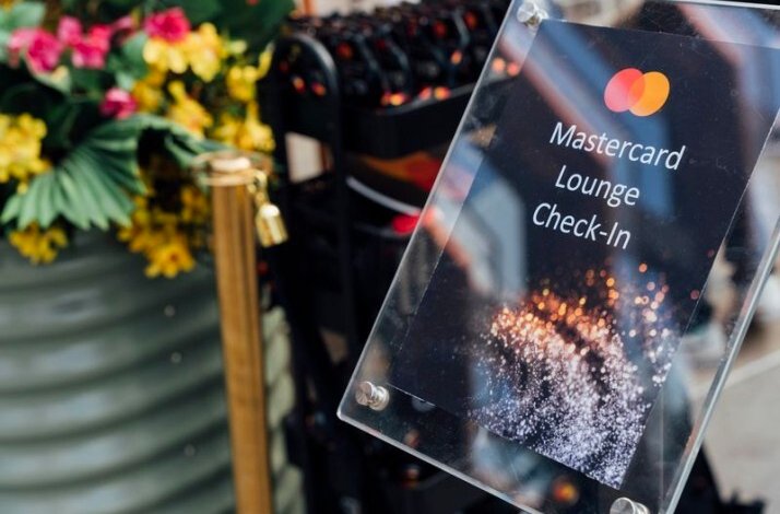 Mastercard Lounge Check-In sign at Hudson Yards event.