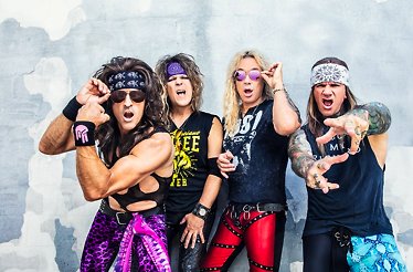 Promotional banner for music band Steel Panther, displaying the band members.