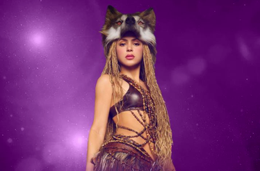 Promotional poster for Shakira on a purple background.