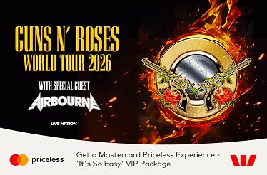 Promotional posted for Guns N Roses World Tour 2026, featuring Mastercard logo