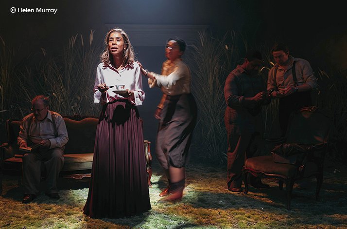 Sophie Okonedo standing centre-stage in a spotlight during 'A Month in the Country' at the Donmar Warehouse, cast members in motion around her. © Helen Murray.