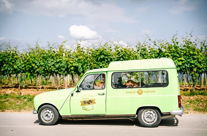 A green van branded with Karlic Tartufi logo passing the vineyards on a sunny day.