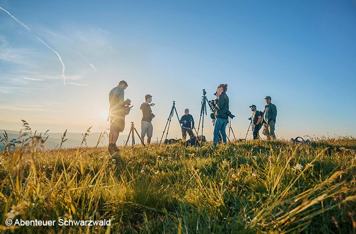 A group of people at sunrise in a photo tour in the Black Forest. © Abenteur Schwarzbald