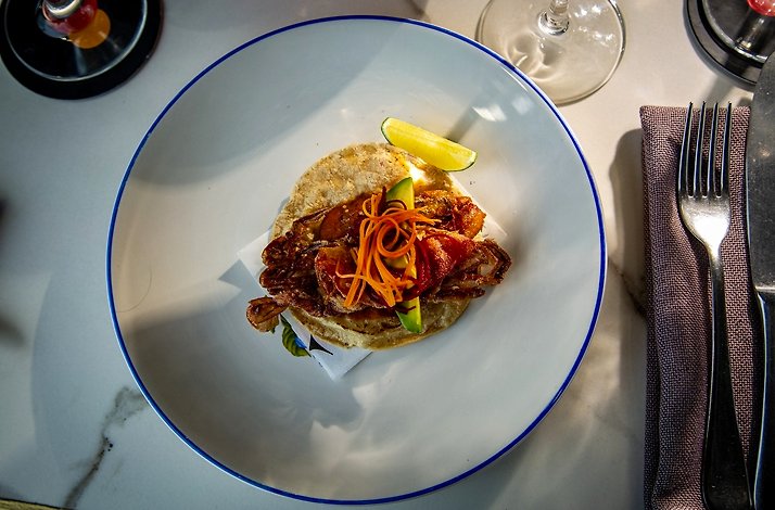 MAR Y TIERRA TOASTS WITH TUNA AND BEEF SLICES served in art deco restaurant Arango in Mexico city. 