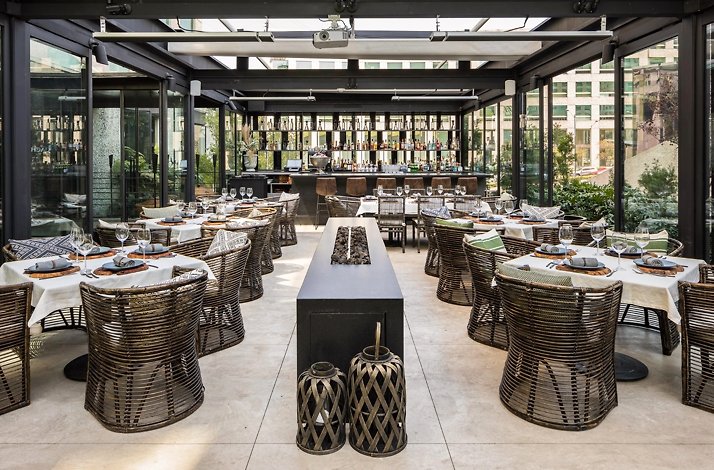 The terrace of the Cachava restaurant with panoramic windows.