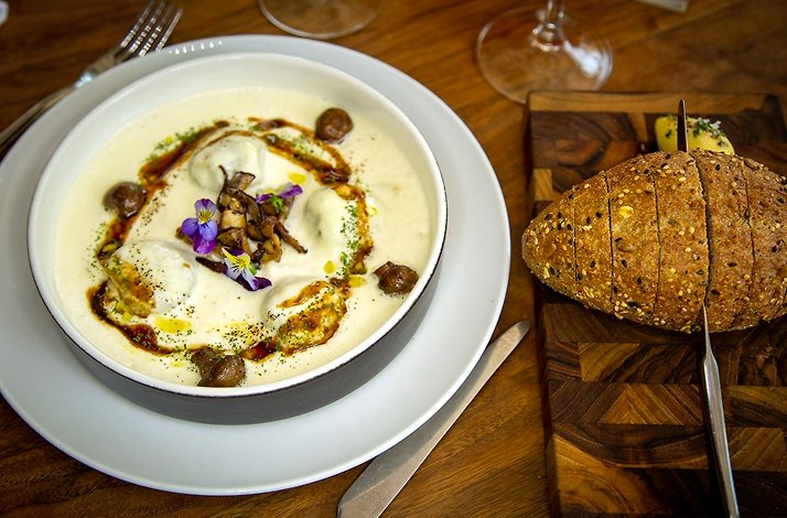 Mushroom cream soup from the special menu by Blanco Colima.