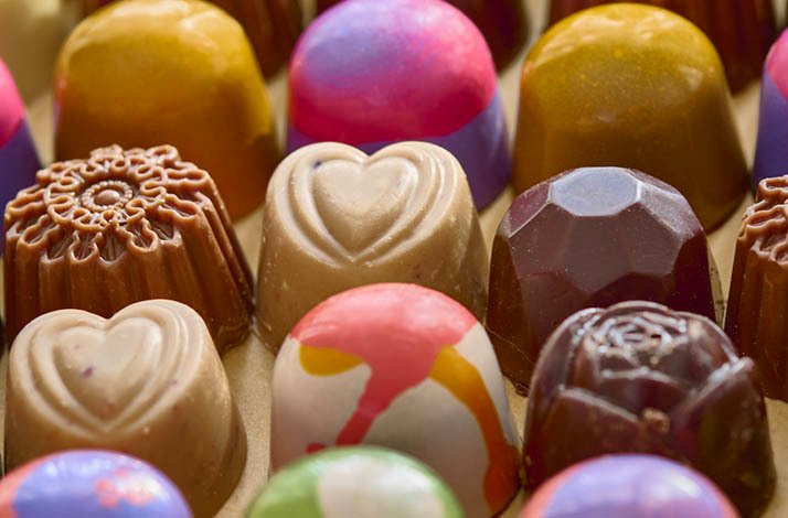Colorful chocolate candies made at The Lincoln Apartment Bakery.