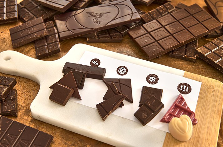 Pieces of 4 chocolate bars cooked at The Lincoln Apartment Bakery served on a wooden board surrounded by chocolate bars.
