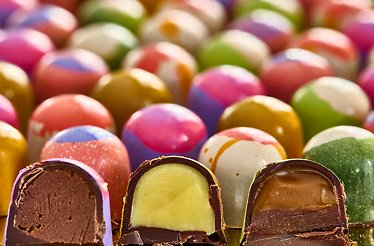 Colorful chocolate candies made at The Lincoln Apartment Bakery.