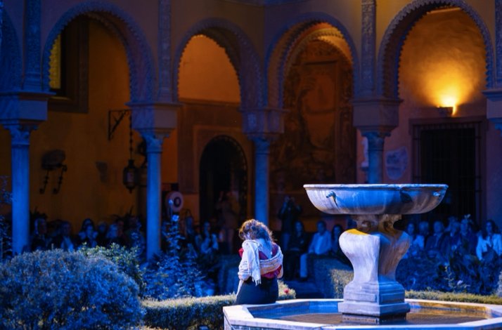 Performer standing near a stone fountain at night in the arched courtyard of Palacio de Las Dueñas, Carmen opera, audience seated behind. 