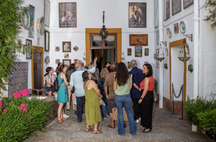 Visit Seville's Palacio de Las Dueñas with exclusive upper-floor access: In Seville, Spain Group of tourists standing at the entrance of historical room at Palacio de Las Dueñas