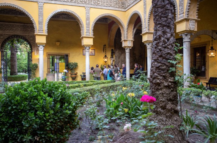 Visit Seville's Palacio de Las Dueñas with exclusive upper-floor access: In Seville, Spain The yard of historical place Palacio de Las Dueñas with interesting exterior design