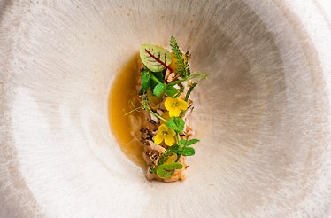 Fine-dining course at Atelier by Chef Hans Kinkartz, featuring edible blooms and fresh herbs on a rustic white plate.
