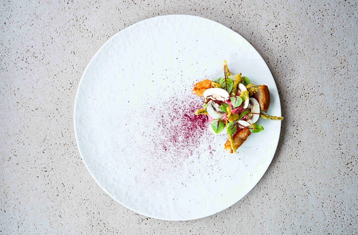 A freshly prepared haute cuisine dish on the white plate. 