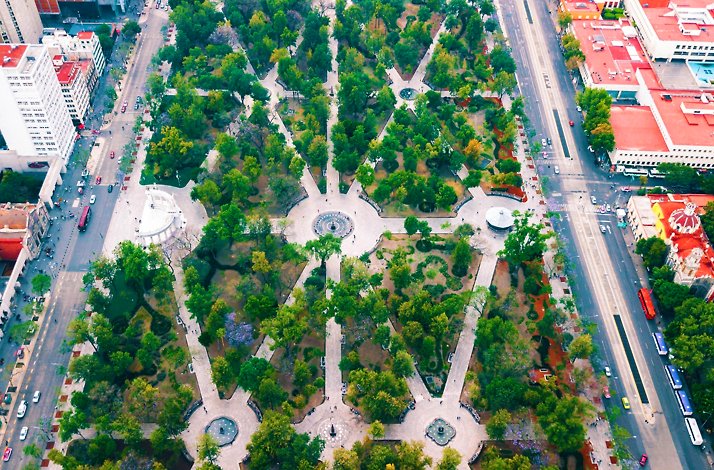 A public urban park Alameda Central captured from bird-eye view