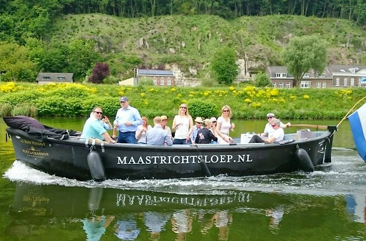 A boat passing through picturesque Netherland's landscape during the private excursion on the Maas