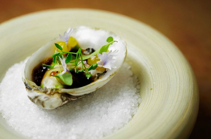 An haute cuisine dish prepared at Restaurant Cèpes