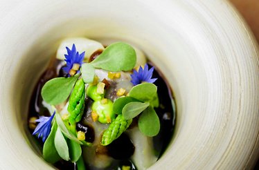 An haute cuisine dish prepared at Restaurant Cèpes