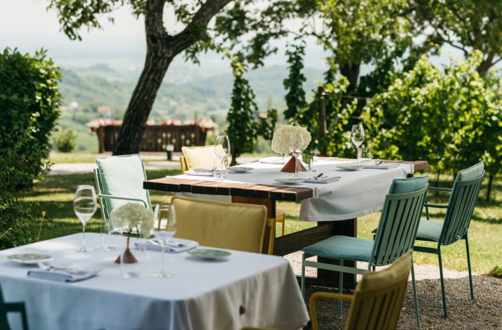 Tables served in the garden of Bernard Korak’s namesake restaurant with breathtaking views of the Plješivica Mountains.