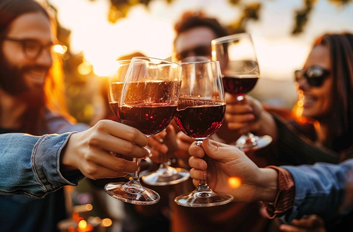 A group of people clinking their wine glasses together.
