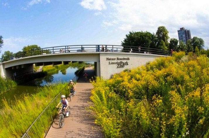 Tour group cycling from under a bridge with a Lincoln Park Zoo logo on it.
