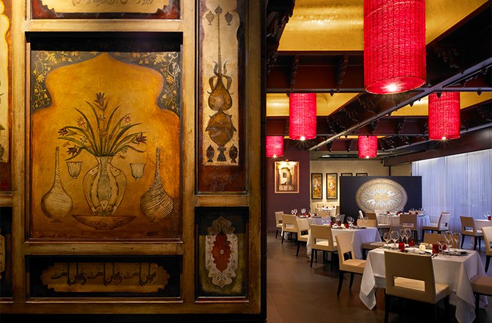 Dining area at modern indian restaurant Varq in Taj Mahal Hotel, India.